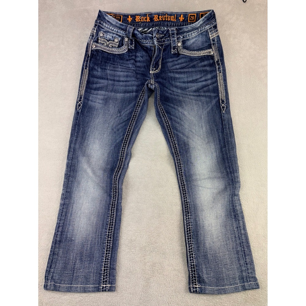 Rock Revival Ashley Straight Easy Jeans 26x22 Blue Embellished Flap Pocket‎ Y2K - Picture 2 of 5